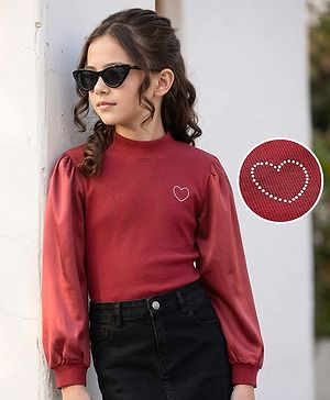 Pine Kids Cotton Knit Full Sleeves Solid Color Top - Dark Red