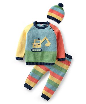 Babyhug Organic Cotton Knitted Full Raglan Sleeves Pullover Sweater Set With Cap & Stripes Design - Multicolour
