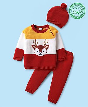 Babyhug Organic Cotton Knitted Full Raglan Sleeves Sweater Set with Cap & Reindeer Design - Red & Yellow