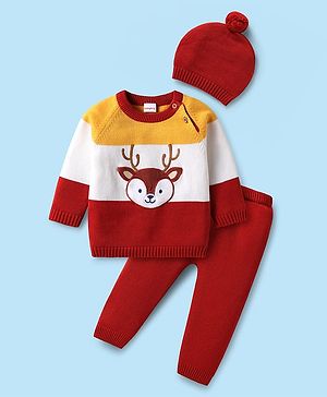 Babyhug Organic Cotton Knitted Full Raglan Sleeves Sweater Set with Cap & Reindeer Design - Red & Yellow