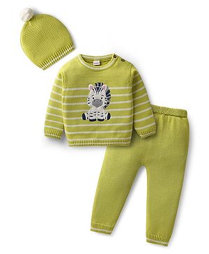 Babyhug Organic Cotton Knitted Full Sleeves Striped Pullover Sweater Set with Zebra Embroidery & Cap - Limegreen