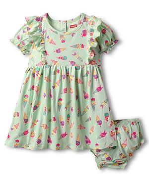 Babyhug Single Jersey Knit Half Sleeves Frock & Bloomer With Ice-Cream Print & Frill Design - Light Blue