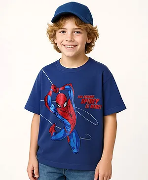 Pine Kids Marvel Terry Knit Half Drop Shoulder Sleeves Oversized T-Shirt with Spider Man Graphics - Navy Blue
