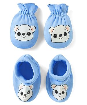 Babyhug 100% Cotton Interlock Knit Mittens & Booties Set with Bear Print - Blue