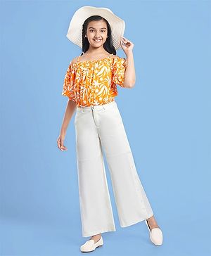 Pine Kids Cotton Woven Half Off Shoulder Sleeves Top & Palazzo Set with Floral Print - White & Orange