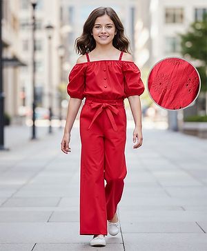 Pine Kids Cotton Woven Half Cold Shoulder Sleeves Solid Top & Palazzo Co-Ord Set With Belt - Red