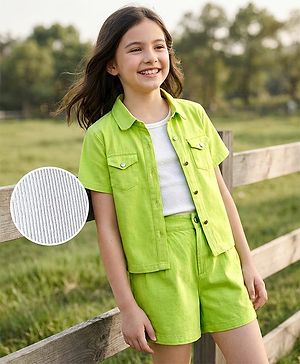 Pine Kids Viscose Rayon Woven Half Sleeves Solid Shirt & Shorts Co-Ord Set With Inner Top - Lime Green