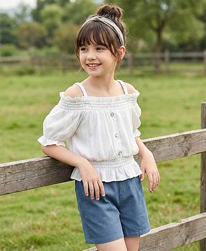 Pine Kids Viscose Rayon Woven Cold Shoulder Top & Shorts Set With Textured Design - White & Blue