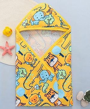 Babyhug Cotton Knit Hooded Towel With Animal Print Yellow - L 73 x B 70 cm