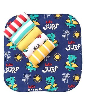 Babyhug Knit Terry Wash Cloths With Stripes & Dino Print Pack of 6 L 25.4 x B 25.4 cm - Navy Blue & Yellow
