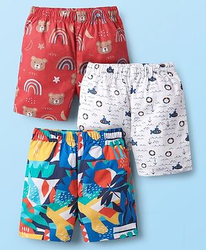 Babyhug Cotton Woven Above Knee Length Boxers with Nautical & Animal Print Pack of 3 - Red Navy Blue & OffWhite