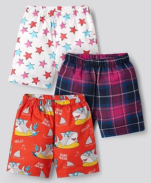Babyhug Cotton Woven Above Knee Length Boxers with Checks & Shark Print Pack of 3 - White & Orange
