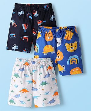 Babyhug Cotton Woven Boxers With Dino & Vehicle Print Pack Of 3 - Navy Blue Royal Blue & White