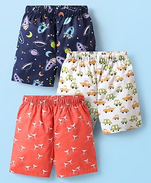 Babyhug Cotton Woven Boxers With Vehicle & Space Theme Print Pack Of 3 - Red Navy Blue & White