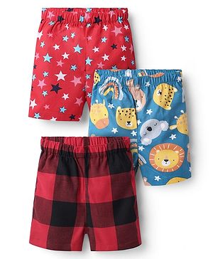 Babyhug Cotton Woven Above Knee Length Boxers With Checks Stars & Animal Print Pack Of 3 - Red & Blue