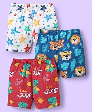 Babyhug Cotton Woven Above Knee Length Boxers with Animal Print Pack of 3 - Blue Red & White