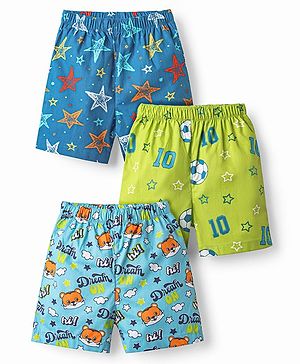 Babyhug Cotton Woven Above Knee Length Boxers with Sport & Animal Theme Print Pack of 3 - Neon Green & Light Blue