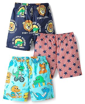 Babyhug Cotton Woven Above Knee Length Boxers with Animal Print Pack of 3 - Blue Red & Aqua Blue