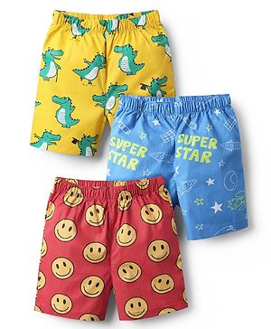 Babyhug Cotton Woven Above Knee Length Boxers With Crocodile Space Theme & Smile Print Pack Of 3 - Yellow Blue & Red