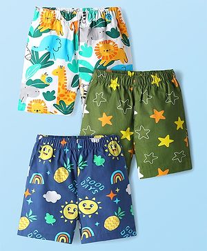 Babyhug Cotton Woven Above Knee Length Boxer With Stars & Animal Print Pack Of 3 -Navy Blue White & Green