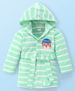 Babyhug Terry Cotton Knit Full Sleeves Bathrobe with Hood Stripe Design & Tiger Embroidery - Light Green