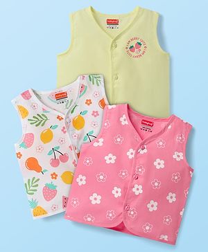Babyhug 100% Cotton Cambric Woven Sleeveless Jhablas With Floral Print Pack Of 3 - Pink White & Olive Green