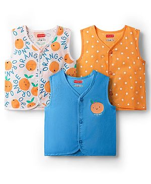 Babyhug 100% Cotton Knit Sleeveless Front Open Jhablas with Orange & Polka Dots Print Pack of 3 - Orange Blue & White