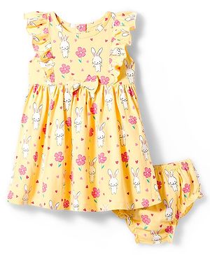 Babyhug Single Jersey Knit Frill Sleeves Frock with Bloomer & Bunny Print - Yellow