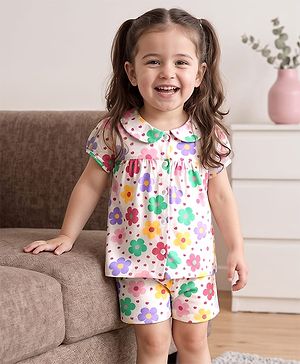 Babyhug Cotton Knit Half Sleeves Shorts Night Suit With  Floral Print - White