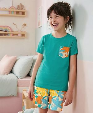 Pine Kids Single Jersey Knit Half Sleeves Shorts Night Suit With Leaf Print - Sea Green