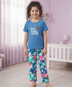 Pine Kids Cotton Knit Half Sleeves Night Suit With Text & Butterfly Print - Blue