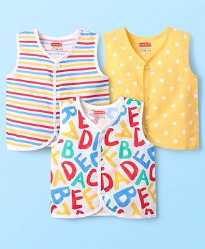 Babyhug 100% Cotton Knit Sleeveless Striped & Printed Jhablas Pack of 3 - White & Yellow