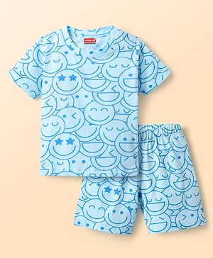 Babyhug Cotton Knit Half Sleeves Shorts Co-ord Night Suit With Smiley Print - Light Blue