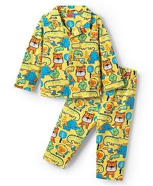 Babyhug Cotton Knit Full Sleeves Front Open Co-ords Night Suit with Jungle Theme Print - Yellow
