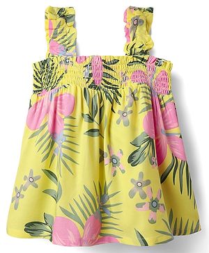 Babyhug Rayon Woven Sleeveless Top with Smocking & Floral Print - Yellow