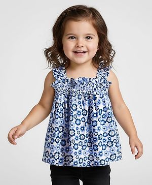 Babyhug Rayon Woven Sleeveless Top with Smocking & Floral Print - Light Blue