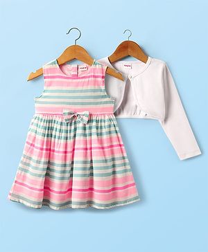 Babyhug Cotton Woven Striped Frock & Full Sleeves Shrug With Bow Applique - Multicolor