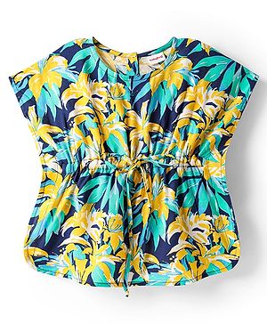 Babyhug Rayon Woven Half Sleeves Kaftan Top with Leaves Print - Navy Blue