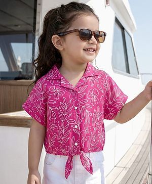 Babyhug Woven Half Sleeves Knotted Top with Floral Print - Dark Pink