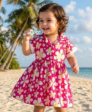 Babyhug Cotton Woven Half Sleeves Frock With Floral Print - Dark Pink