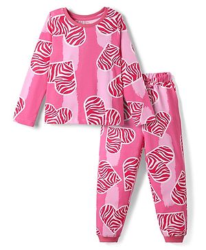 Pine Kids Single Jersey Knit Full Sleeves Co-ords Night Suit With Heart Print - Pink