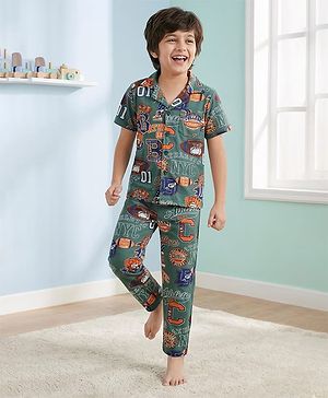 Pine Kids Single Jersey Knit Half Sleeves Co-Ord Night Suit with Sports Print - Foliage Green