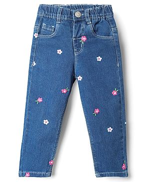 Babyhug Cotton Full Length Stretchable Denim Jeans with Floral Embroidery - Blue