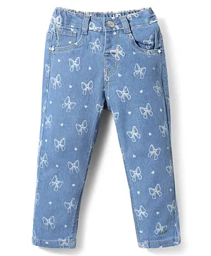 Babyhug
                              Full Length Denim Jeans Washed with
                              Stretch Heart & Bow Print - Blue