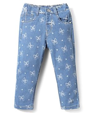 Babyhug Full Length Denim Jeans Washed with Stretch Heart & Bow Print - Blue