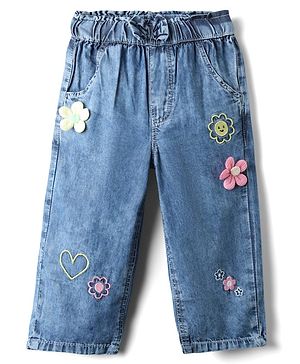 Babyhug Denim Full Length Washed Jeans with Stretch Bow & Floral Applique - Blue