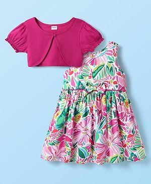 Babyhug Cotton Woven Frock & Half Sleeves Shrug With Floral Print & Bow Applique - Dark Pink