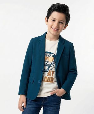 Pine Kids Knit Full Sleeves Solid Blazer With Printed Inner Tee - Teal Blue