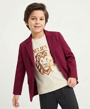 Pine Kids Knit Full Sleeves Solid Blazer With Printed Inner Tee - Maroon