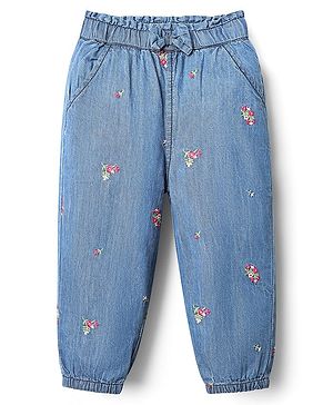 Babyhug Full Length Denim Jeans with Stretch Bow Applique & Floral Embroidery - Blue